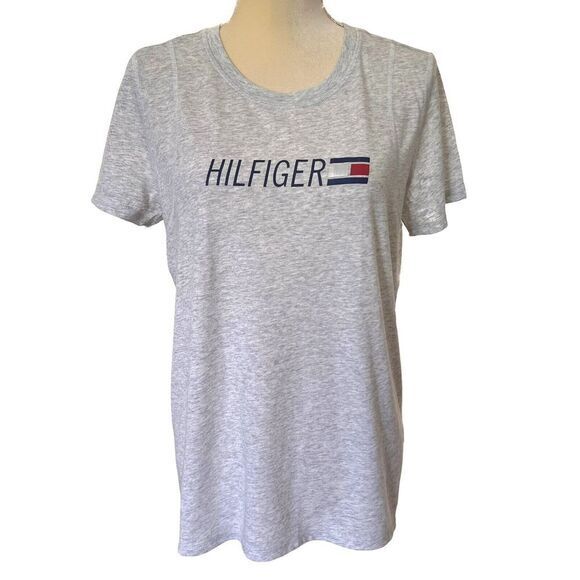 TOMMY HILFIGER SPORT Women's L High-low hem T-shirt Short Sleeve Tunic Tops Gray - Picture 1 of 16